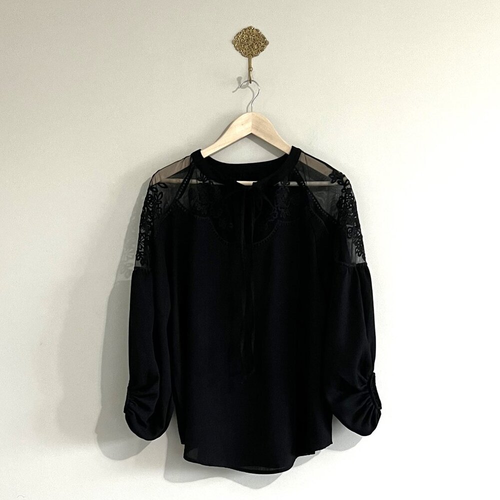 Black Boho Lace Yoke Blouse Bell Sleeve Flowy Peasant Top Medium